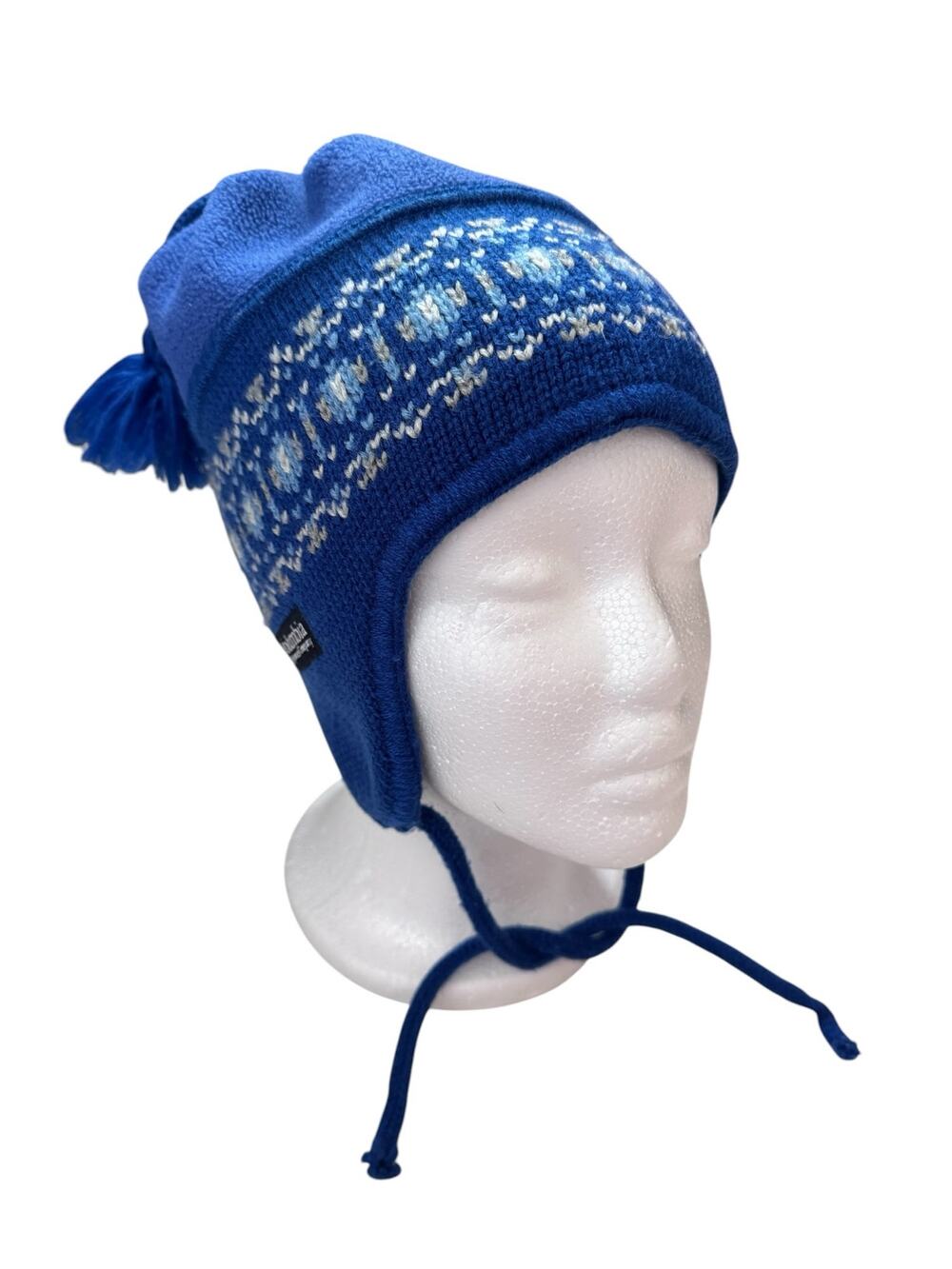 Vintage Y2K Columbia Fair Isle Beanie in Blue One Size Kids Fleece Lined Ties